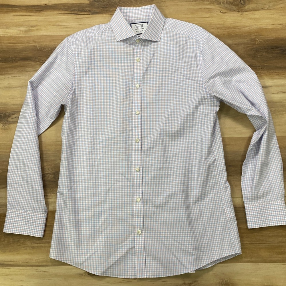 Charles Tyrwhitt Dress Shirt 16/34 Extra Slim Fit Check Cotton Blue Pink